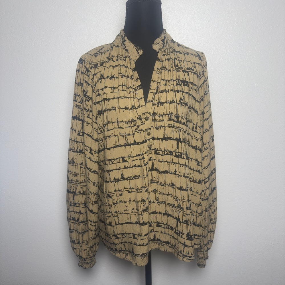 Maeve by Anthropologie Abstract Print Textured Blouse | Small | Tan/Black